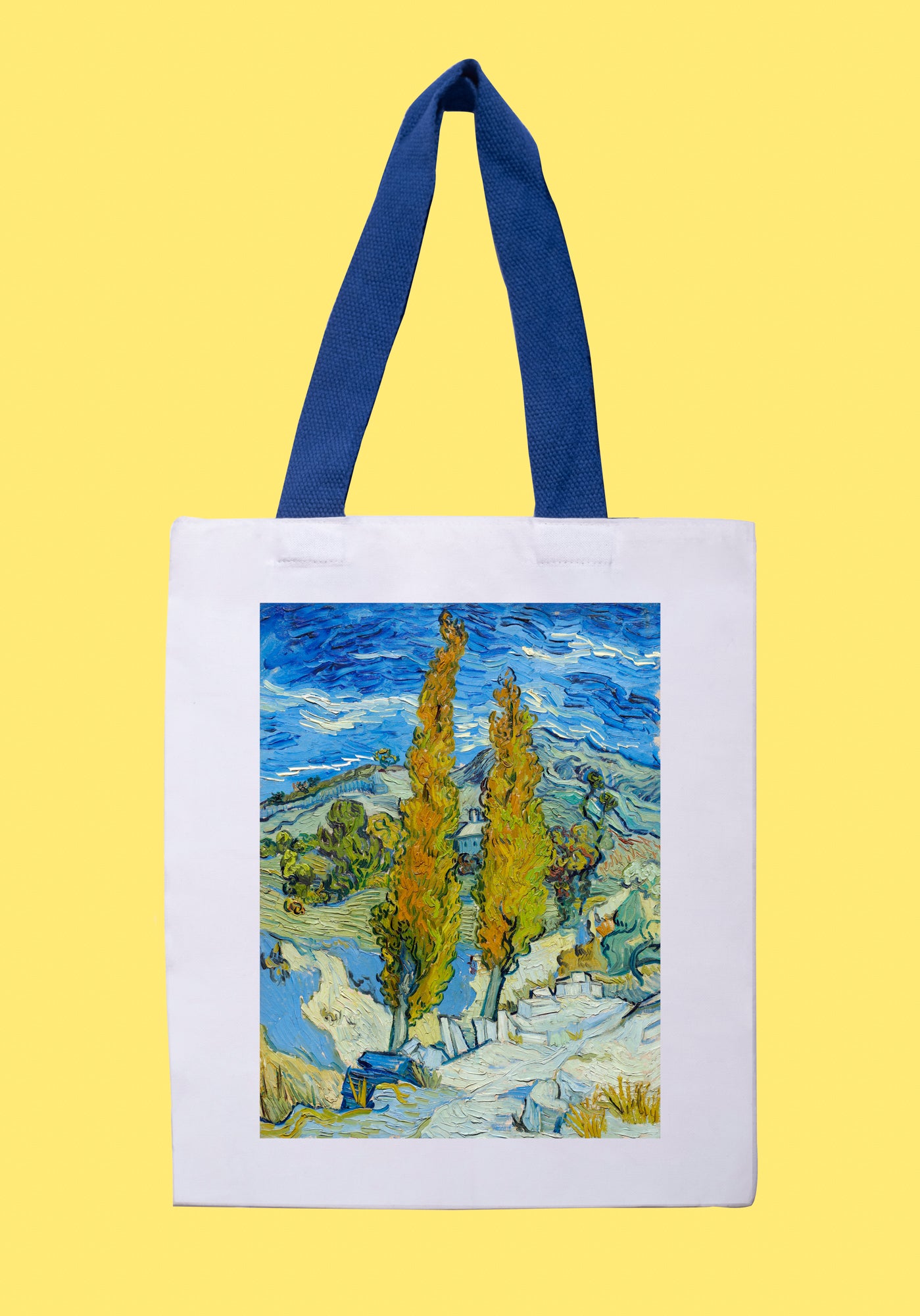 Fehér vászontáska kék fogantyúval (Vincent van Gogh - Two Poplars on a Road Through the Hills)