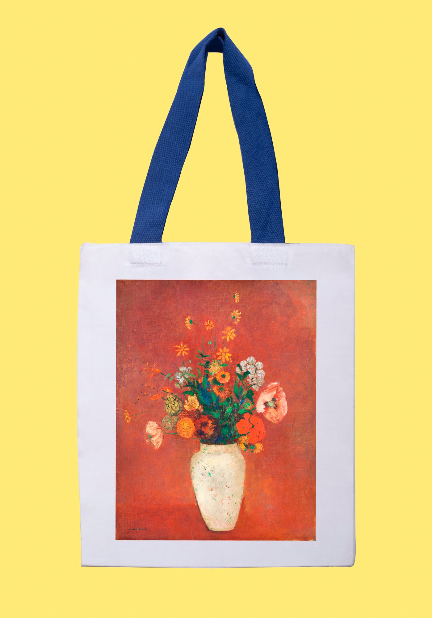 Fehér vászontáska kék fogantyúval (Odilon Redon - Bouquet in a Chinese Vase)