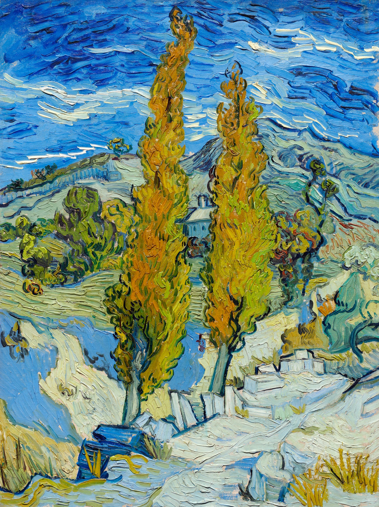 Fehér vászontáska kék fogantyúval (Vincent van Gogh - Two Poplars on a Road Through the Hills)