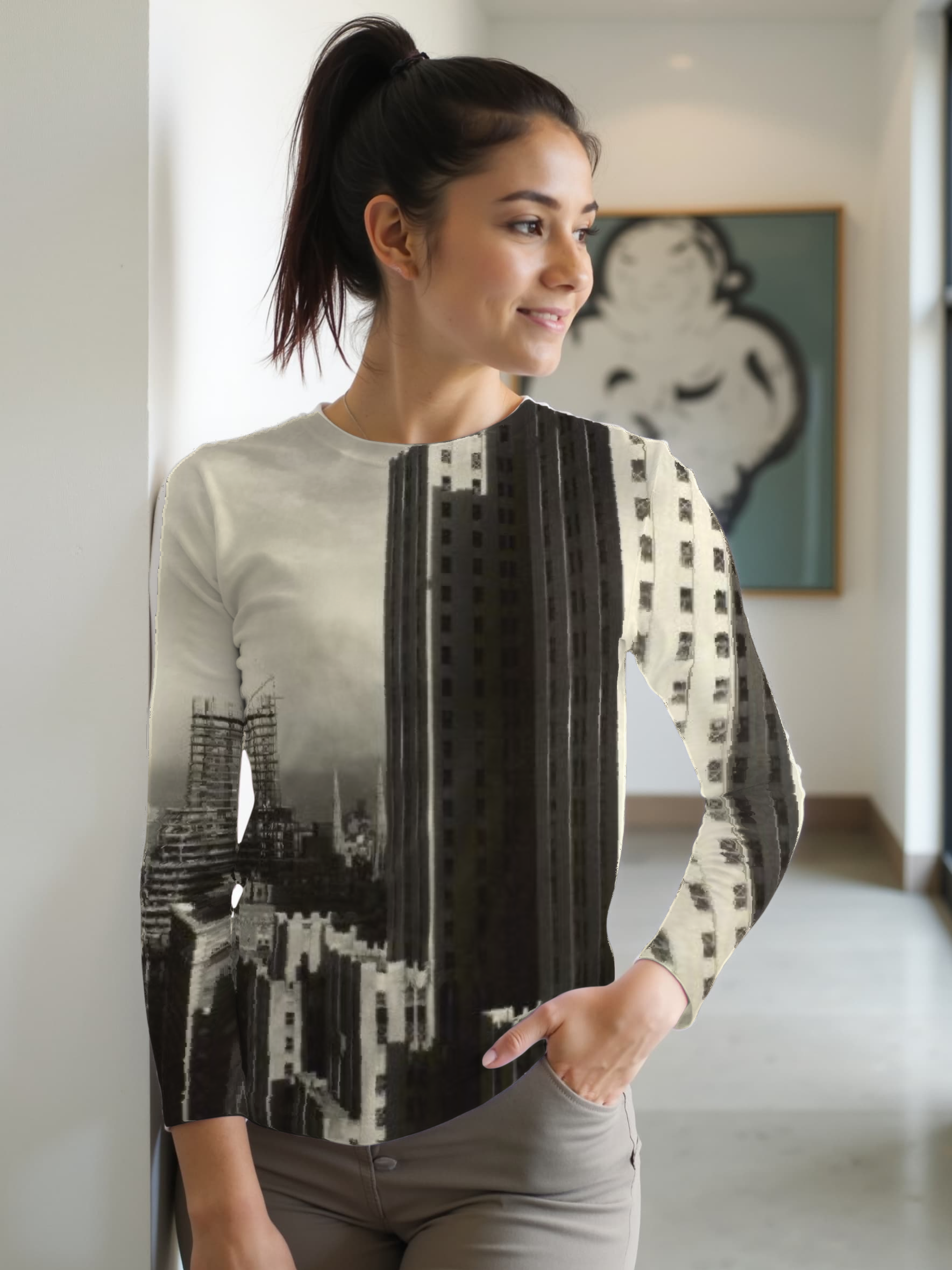 Teli mintás hosszú ujjú póló (Alfred Stieglitz - From My Window at the Shelton, West)