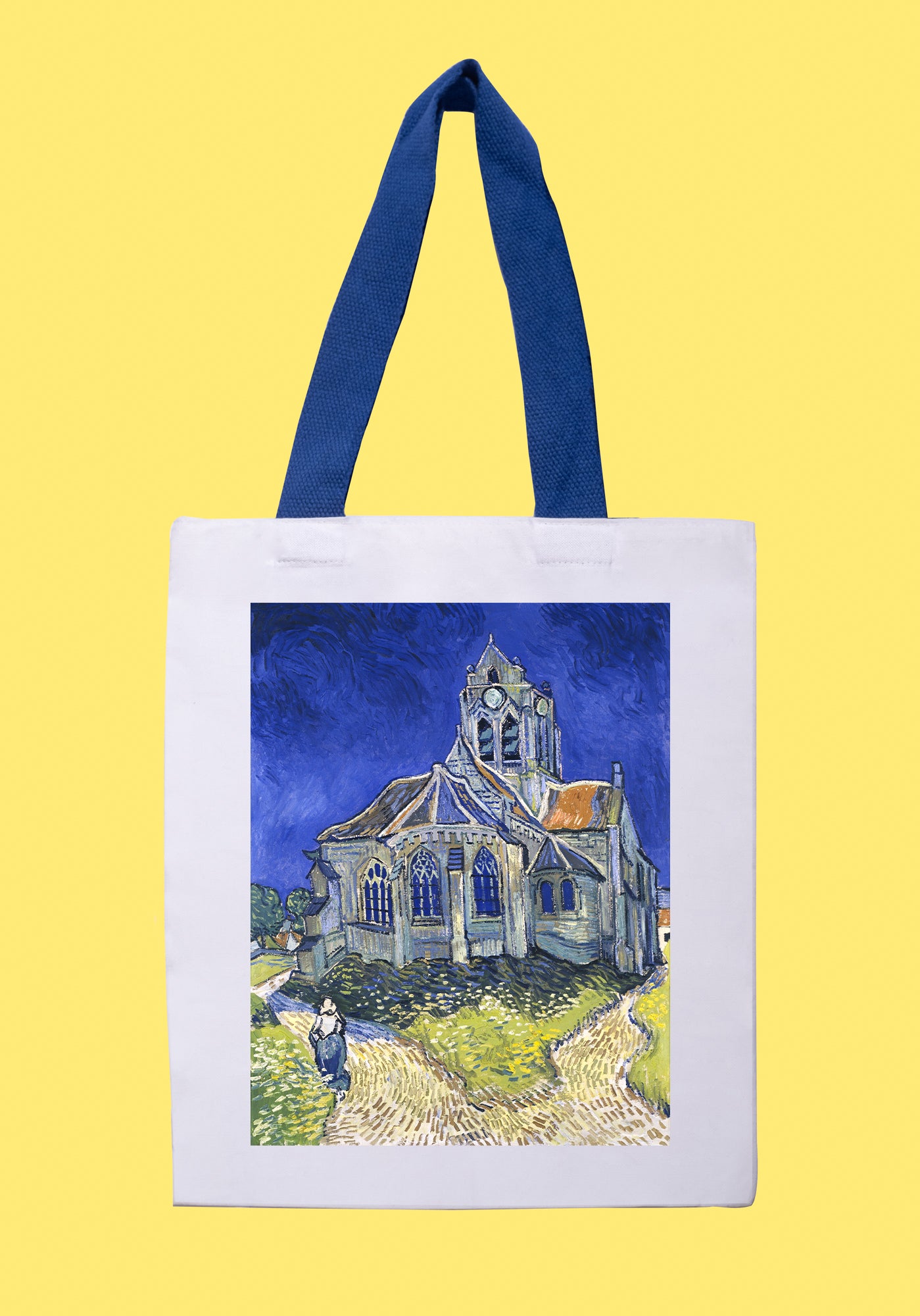 Fehér vászontáska kék fogantyúval (Vincent Van Gogh-The Church at Auvers)