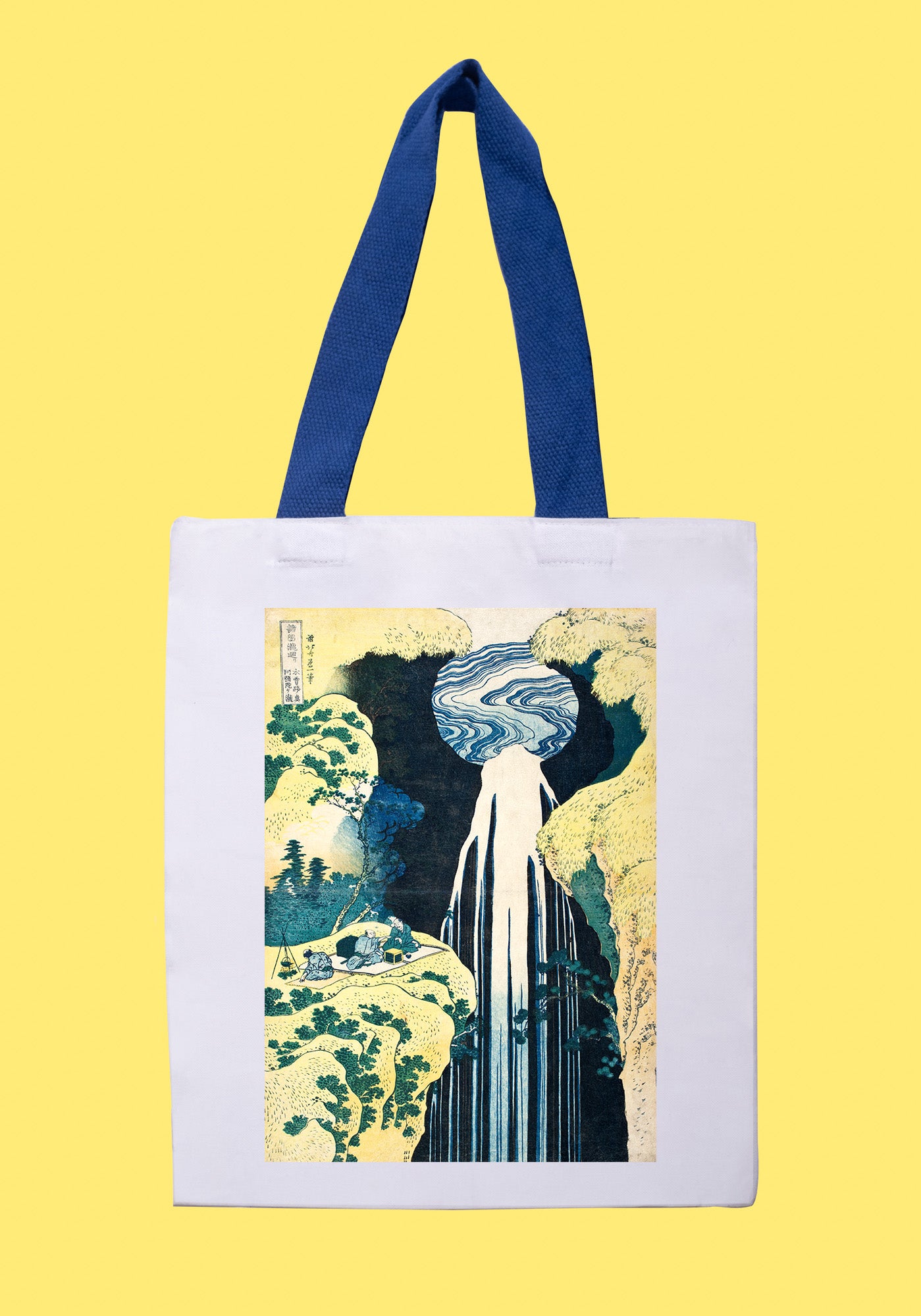 Fehér vászontáska kék fogantyúval ( Katsushika Hokusai-The Amida Falls )