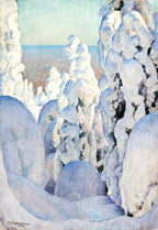 Fehér vászontáska kék fogantyúval (Pekka Halonen - Winter Landscape in Kinahmi )