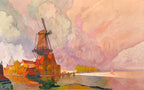 Teli mintás hosszú ujjú póló ( Georges de Feure- Landscape with Windmill )