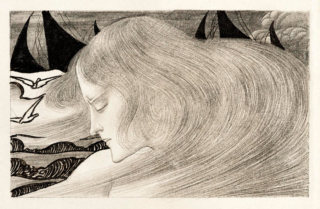Vászon tote táska (Jan Toorop - Young Woman With Wavy Hair In Front Of A Sea With Ships)