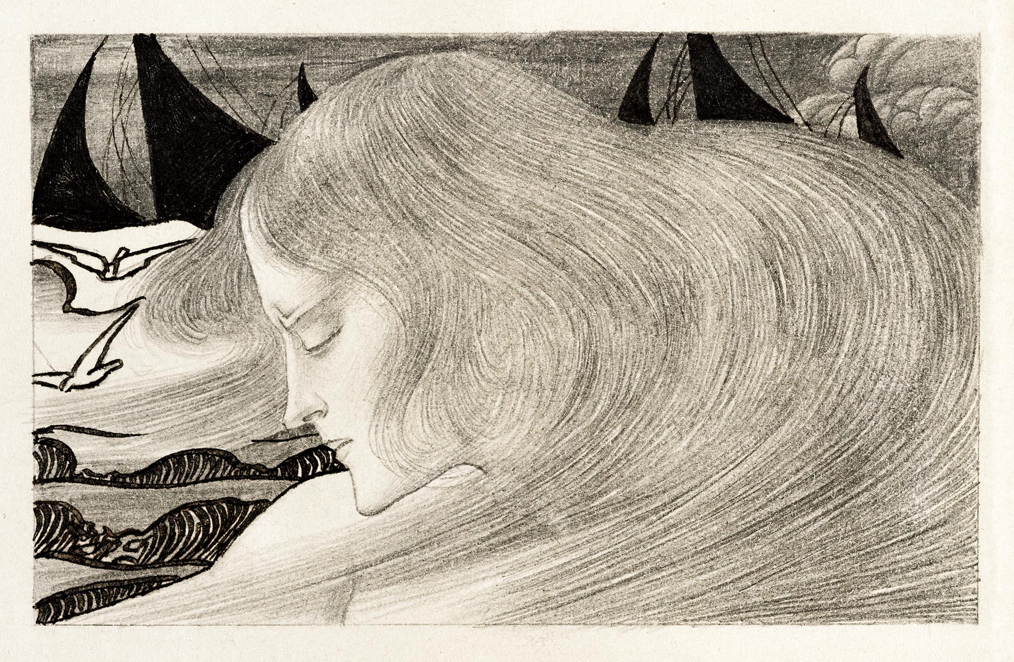 Vászon tote táska (Jan Toorop - Young Woman With Wavy Hair In Front Of A Sea With Ships)