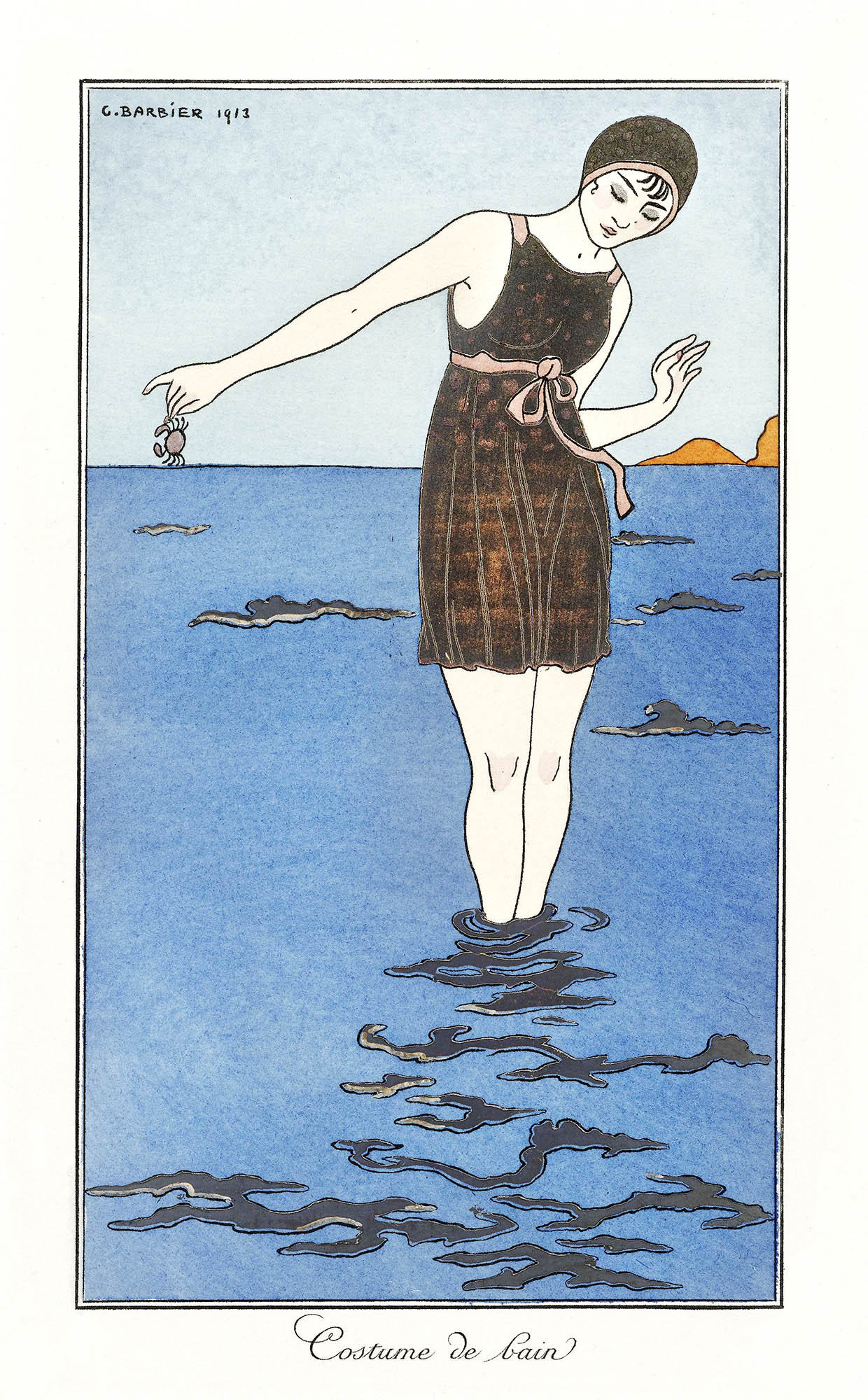 Fehér vászontáska fekete fogantyúval ( George Barbier- Costume de bain )