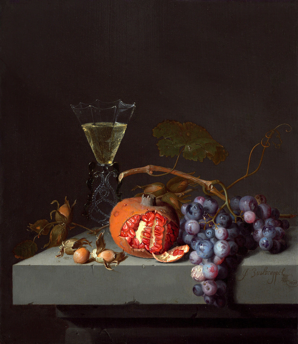 Fehér vászontáska kék fogantyúval ( Jacob van Walscapelle- Still Life with Fruit )