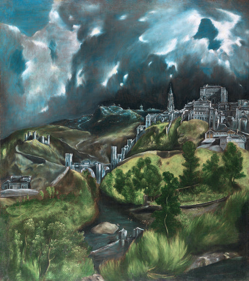 Fehér vászontáska kék fogantyúval (El Greco - View of Toledo)