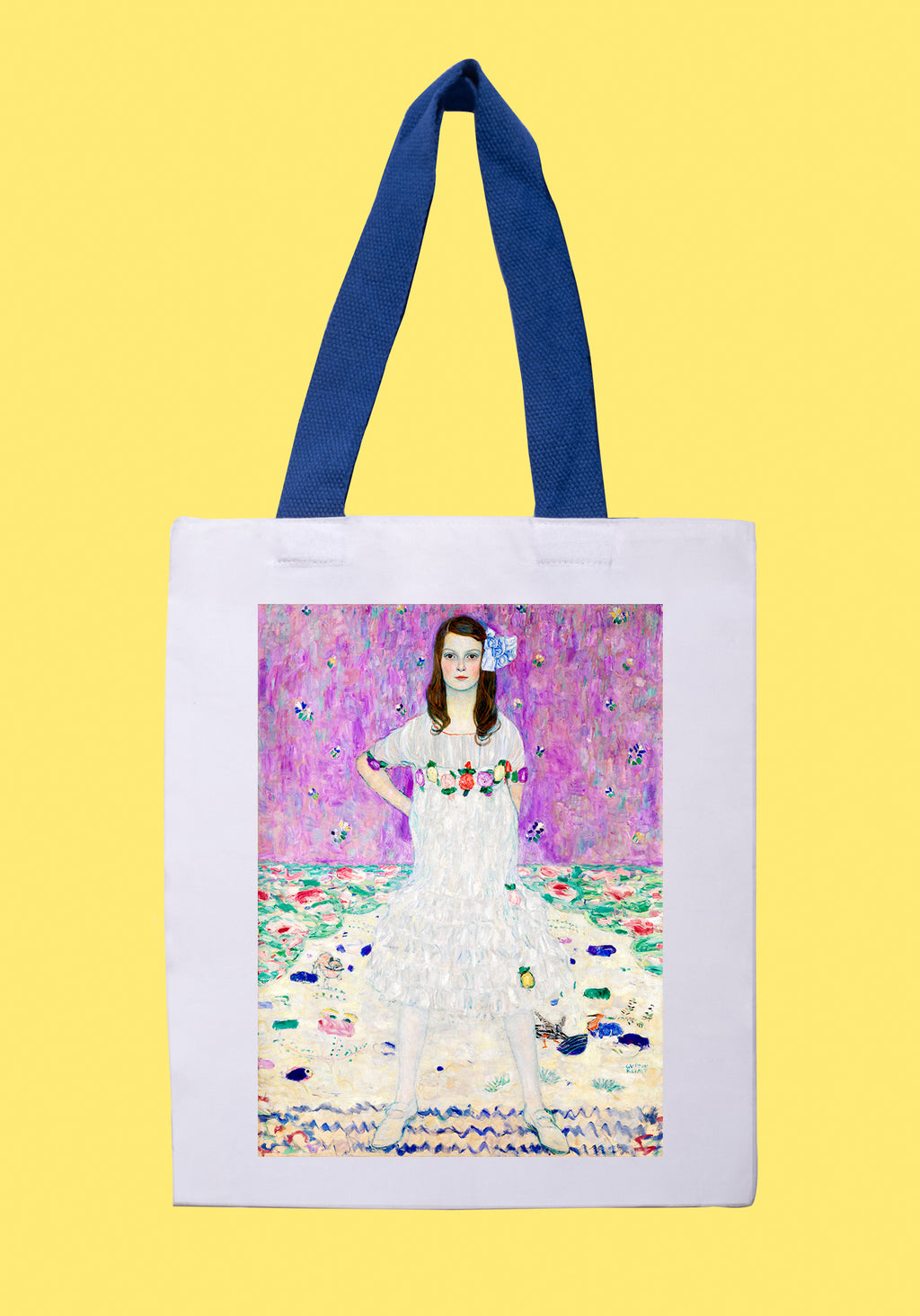 Fehér vászontáska kék fogantyúval (Gustav Klimt- Portrait of Mäda Primavesi)