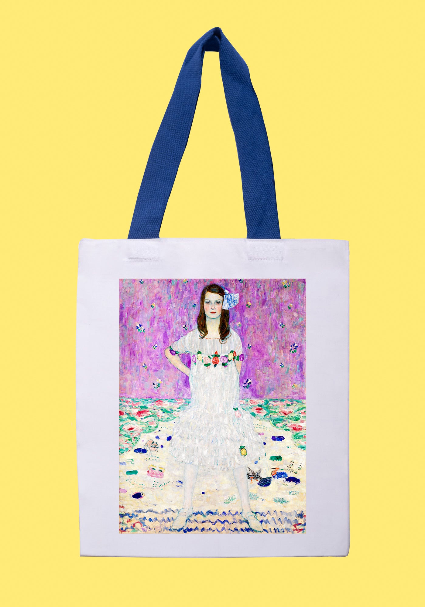 Fehér vászontáska kék fogantyúval (Gustav Klimt- Portrait of Mäda Primavesi)