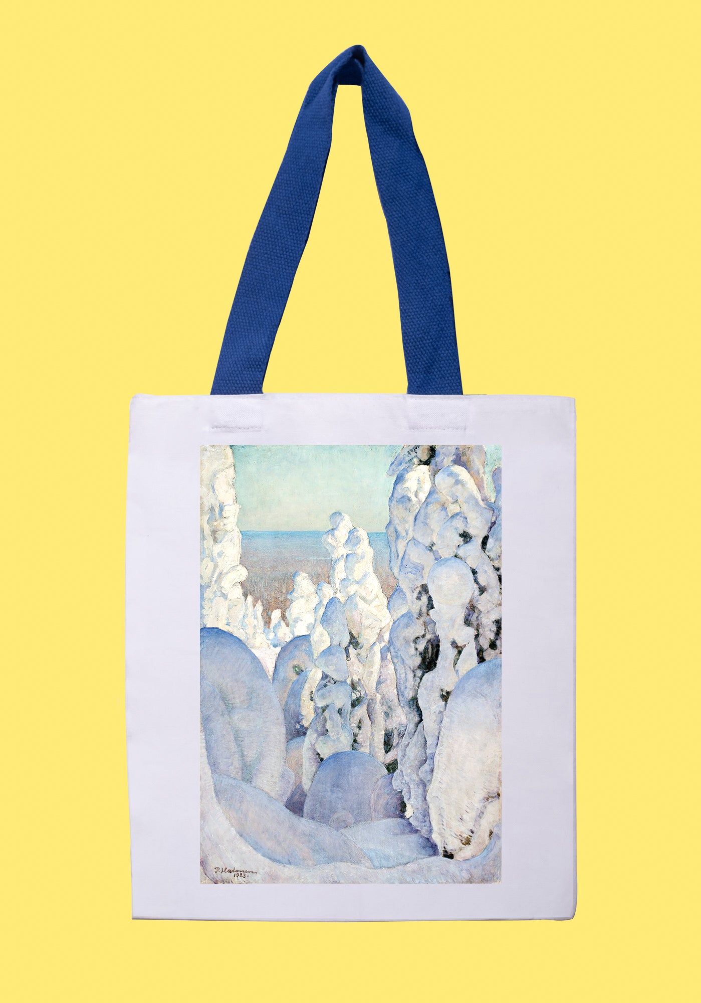 Fehér vászontáska kék fogantyúval (Pekka Halonen - Winter Landscape in Kinahmi )